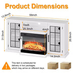 Meuble TV avec cheminée en verre à 3 côtés de 150 cm pour téléviseurs jusqu'à 65 pouces, console média rustique avec lumières LED, rangement avec portes vitrées, meuble TV blanc patiné