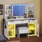 Coiffeuse moderne avec tabouret Table de maquillage Miroir LED éclairé Armoires en verre RVB 3 tiroirs Étagères pour Chambre à coucher Salle d'habillage