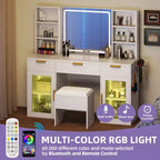 Coiffeuse moderne avec tabouret Table de maquillage Miroir LED éclairé Armoires en verre RVB 3 tiroirs Étagères pour Chambre à coucher Salle d'habillage