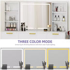 Coiffeuse moderne avec tabouret Table de maquillage Miroir LED éclairé Armoires en verre RVB 3 tiroirs Étagères pour Chambre à coucher Salle d'habillage