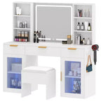 Coiffeuse moderne avec tabouret Table de maquillage Miroir LED éclairé Armoires en verre RVB 3 tiroirs Étagères pour Chambre à coucher Salle d'habillage