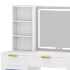 Coiffeuse moderne avec tabouret Table de maquillage Miroir LED éclairé Armoires en verre RVB 3 tiroirs Étagères pour Chambre à coucher Salle d'habillage
