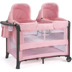 JOYMOR Twin Bassinet for Baby, Pink Bedside Bassinet, Convertible to Bedside Sleeper and Playpen, with Wheel, Brake
