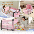 Berceau double pour bébé, berceau rose cododo, convertible en lit cododo et parc, avec roues et freins