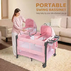 Berceau double pour bébé, berceau rose cododo, convertible en lit cododo et parc, avec roues et freins