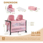 Berceau double pour bébé, berceau rose cododo, convertible en lit cododo et parc, avec roues et freins