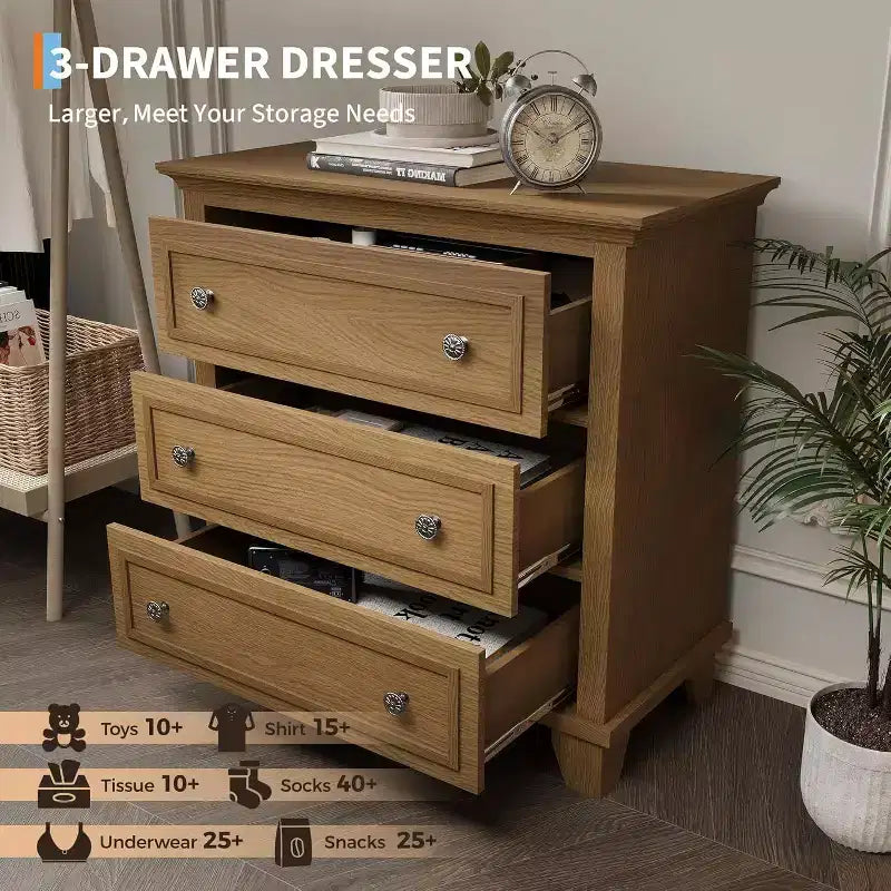 Commode moderne à 3 tiroirs, meuble compact en bois avec poignées métalliques robustes, rangement peu encombrant pour chambre, entrée, couloir