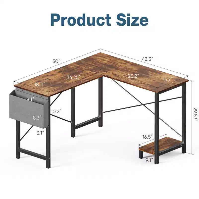 Bureau d'ordinateur d'angle en L de 50 pouces avec étagère de rangement pour UC, avec pochette latérale, pour bureau, salon, bureau d'étude