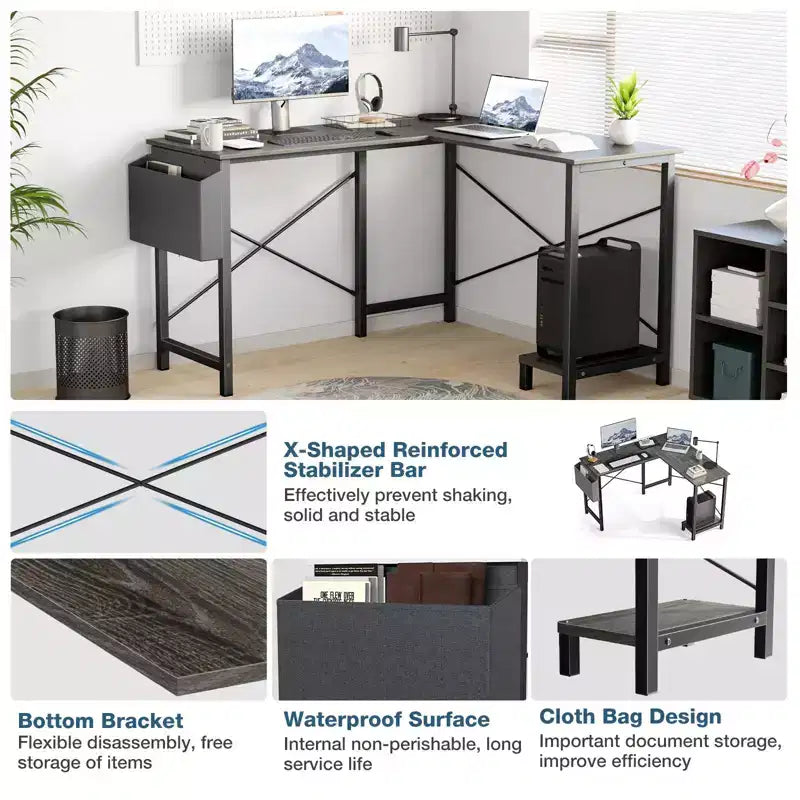 Bureau d'ordinateur d'angle en L de 50 pouces avec étagère de rangement pour UC, avec pochette latérale, pour bureau, salon, bureau d'étude