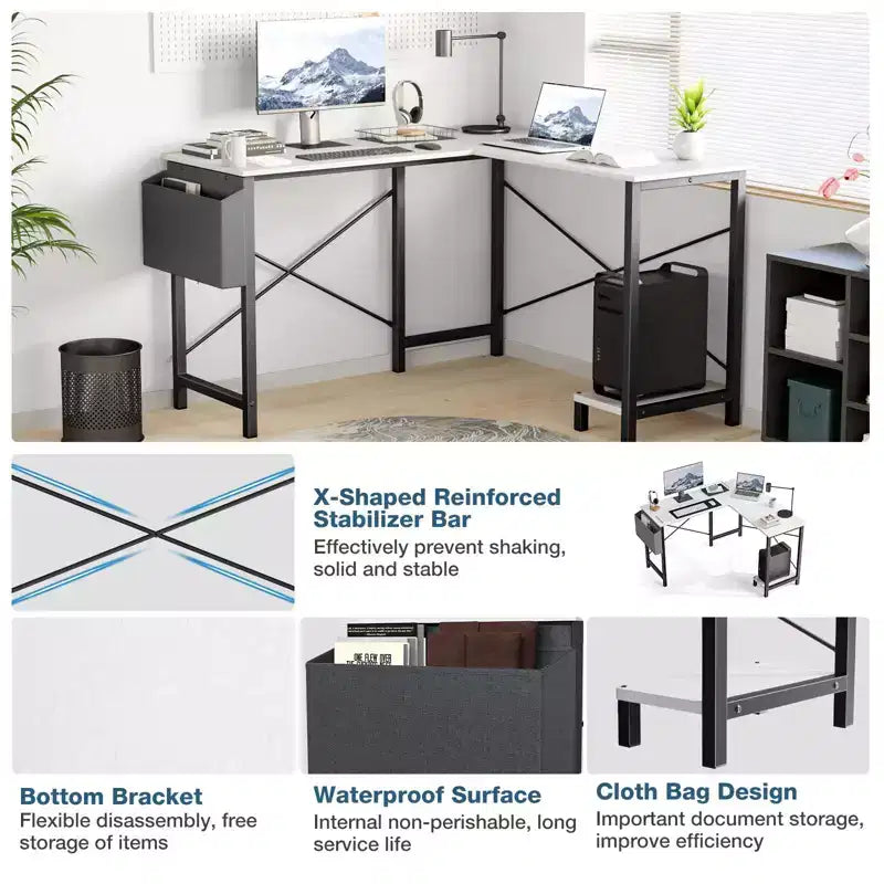 Bureau d'ordinateur d'angle en L de 50 pouces avec étagère de rangement pour UC, avec pochette latérale, pour bureau, salon, bureau d'étude