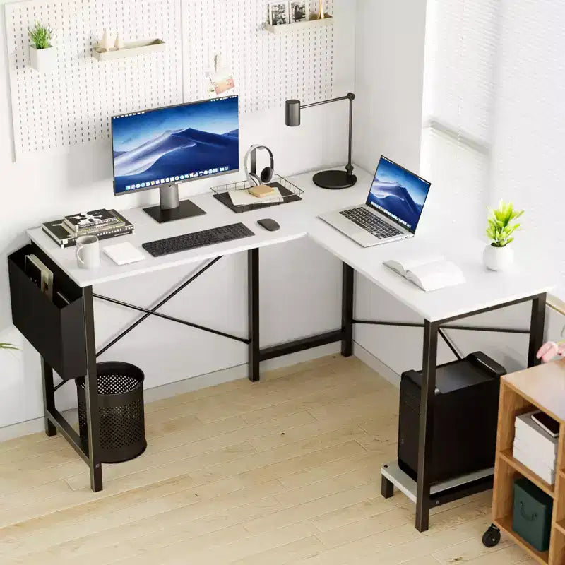 Bureau d'ordinateur d'angle en L de 50 pouces avec étagère de rangement pour UC, avec pochette latérale, pour bureau, salon, bureau d'étude