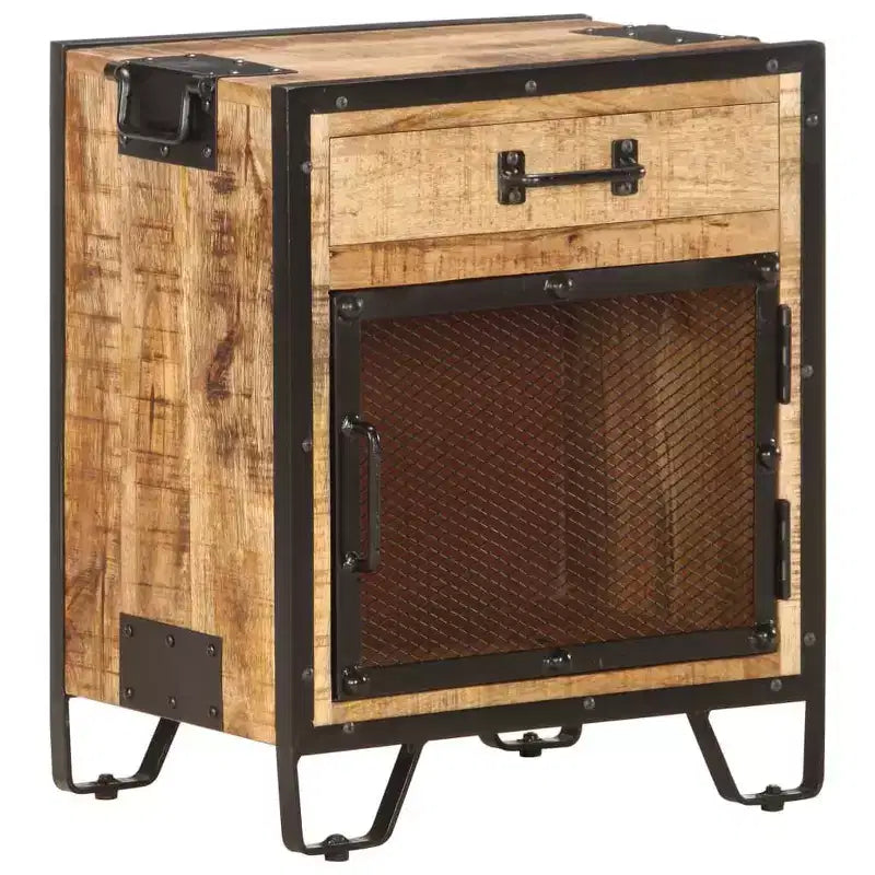 Table de Chevet 43x30x51 cm Bois de Manguier Massif Brut - Durable, Style Industriel, Table de Nuit, Marron et Noir, Rangement Spacieux