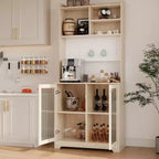 Meuble de rangement haut de 180 cm avec 2 portes vitrées, armoire de cuisine sur pied avec étagères réglables, buffet de ferme pour salle à manger
