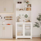 71 Tall Pantry Cabinet with 2 Glass Doors, Freestanding Kitchen Storage Cabinet with Adjustable Shelves, Farmhouse Cupboard for Dining Room