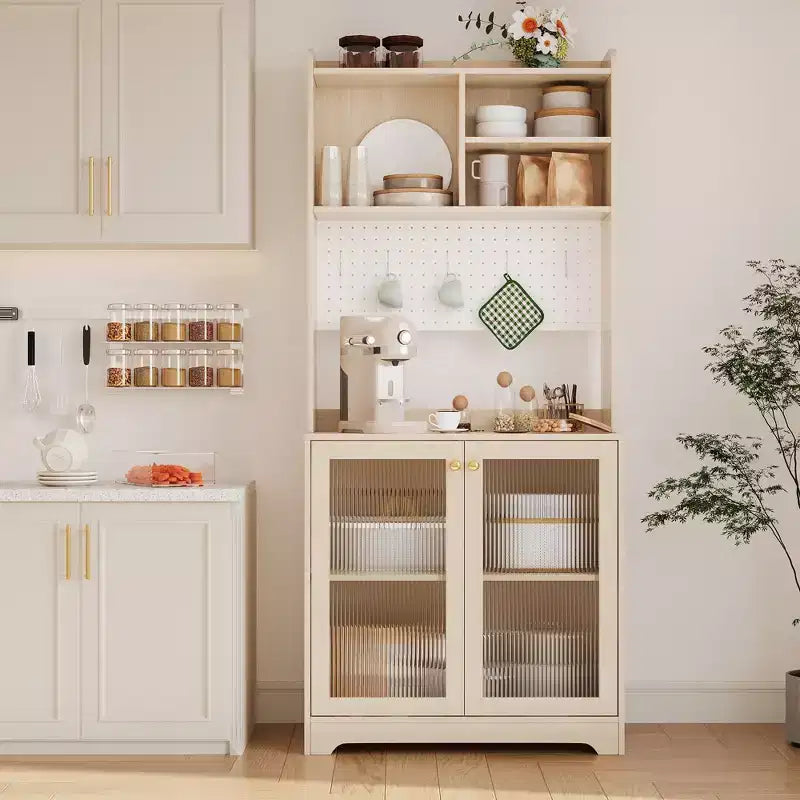 Meuble de rangement haut de 180 cm avec 2 portes vitrées, armoire de cuisine sur pied avec étagères réglables, buffet de ferme pour salle à manger
