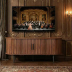Meuble TV moderne 47 po en noyer avec porte coulissante et compartiment de rangement
