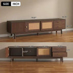 Meuble TV en rotin de style Mid-Century Moderne pour TV de 80 pouces avec rangement et pieds en bois massif