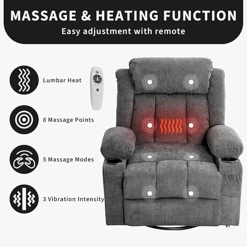 Fauteuil inclinable, Fauteuils à bascule avec massage et chauffage, Poches latérales et porte-gobelet
