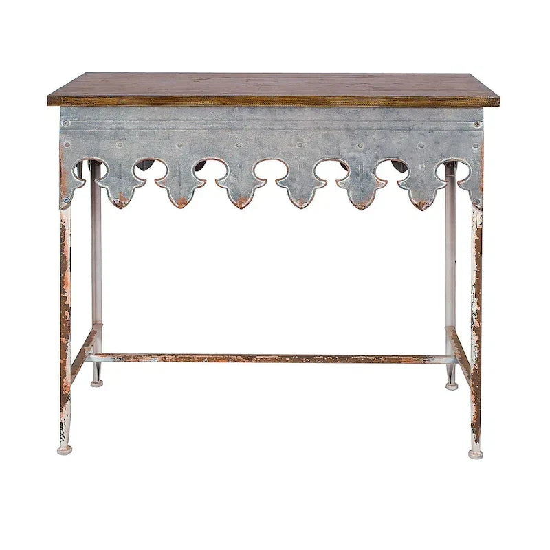 Console en métal finition zinc et bois à bord festonné
