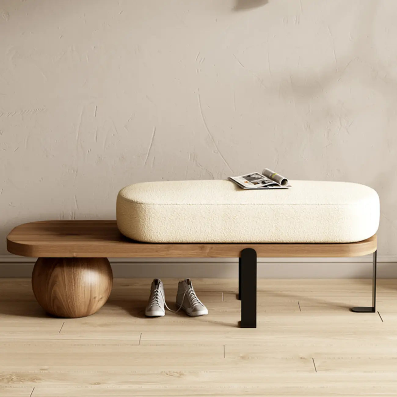 Banc court rembourré en bois beige moderne