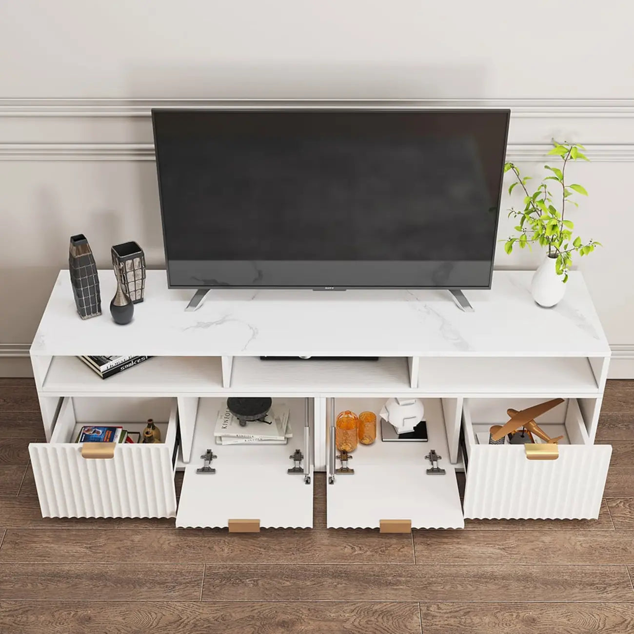 Meuble TV d'angle moderne blanc avec 2 tiroirs et rangement ouvert