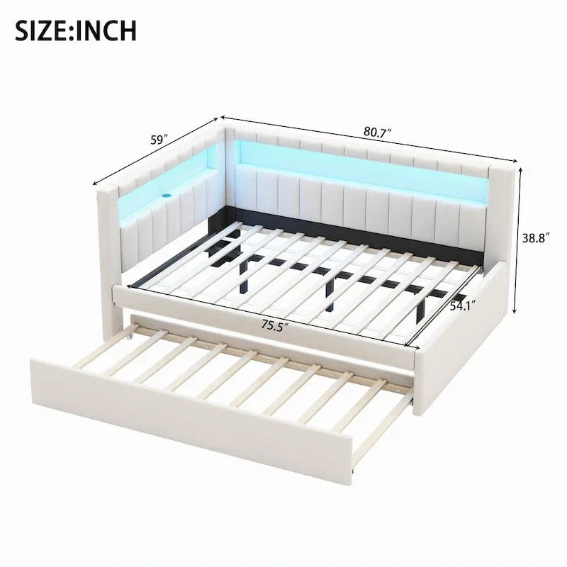 Lit plateforme rembourré avec ports USB et éclairage LED - Cadre de lit double/simple avec 2 tiroirs de rangement - Chambre à coucher moderne