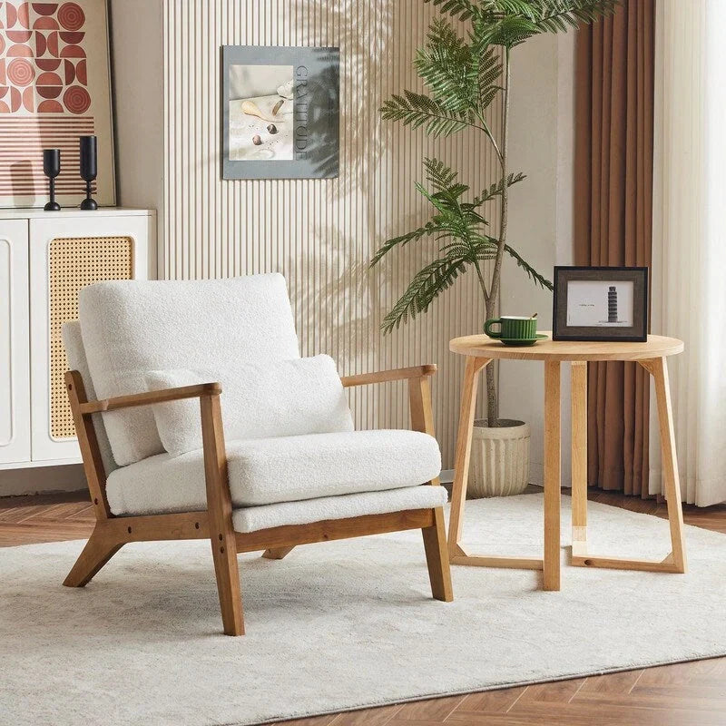 Fauteuil d'appoint rembourré en mélange de lin avec pieds en bois et un oreiller beige
