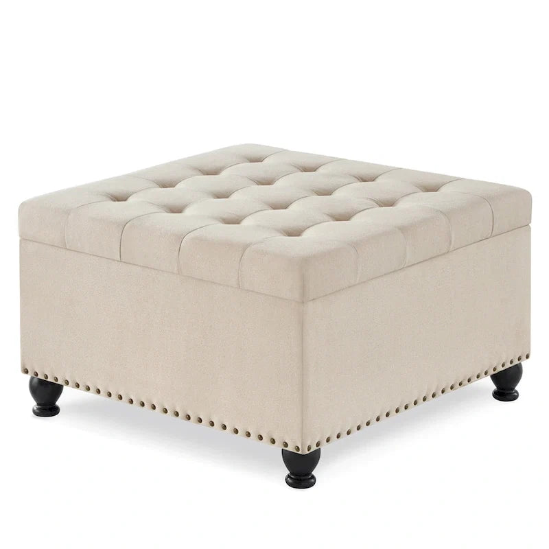 Grand pouf de rangement carré avec pieds en bois