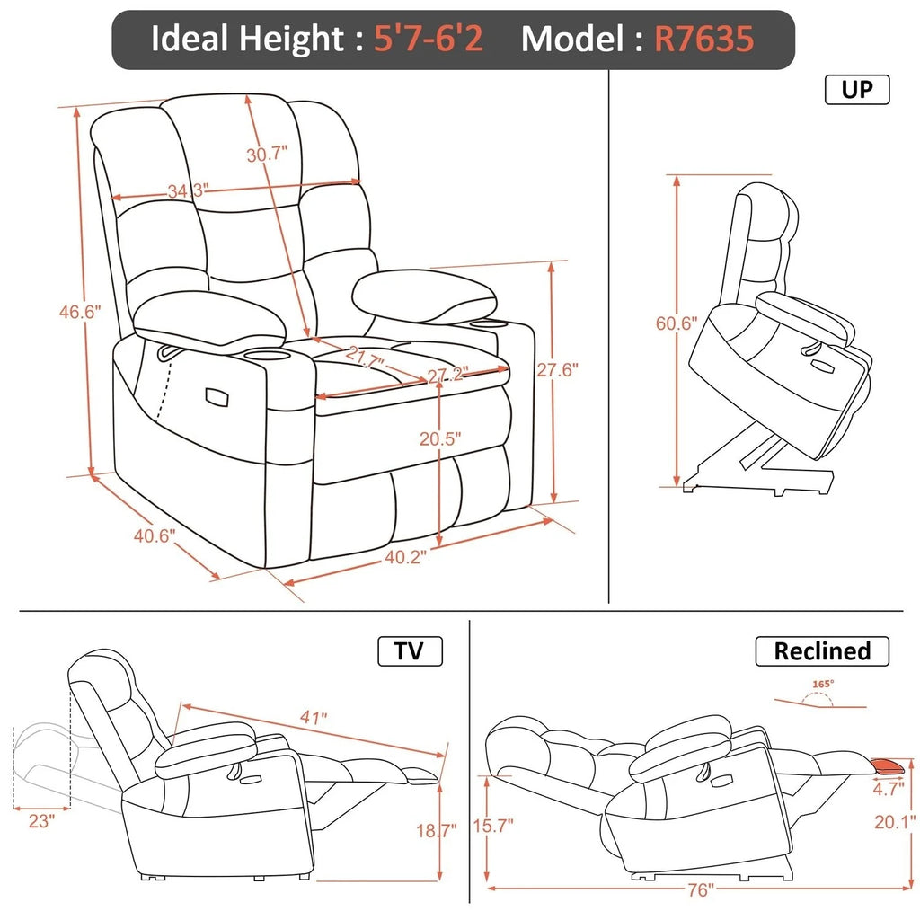 Fauteuil inclinable électrique double moteur grand et large MCombo avec massage et double chauffage pour personnes âgées de grande taille, tissu R7635