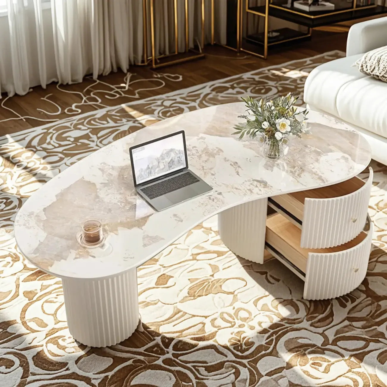 Table basse ovale standard blanche minimaliste avec 2 tiroirs