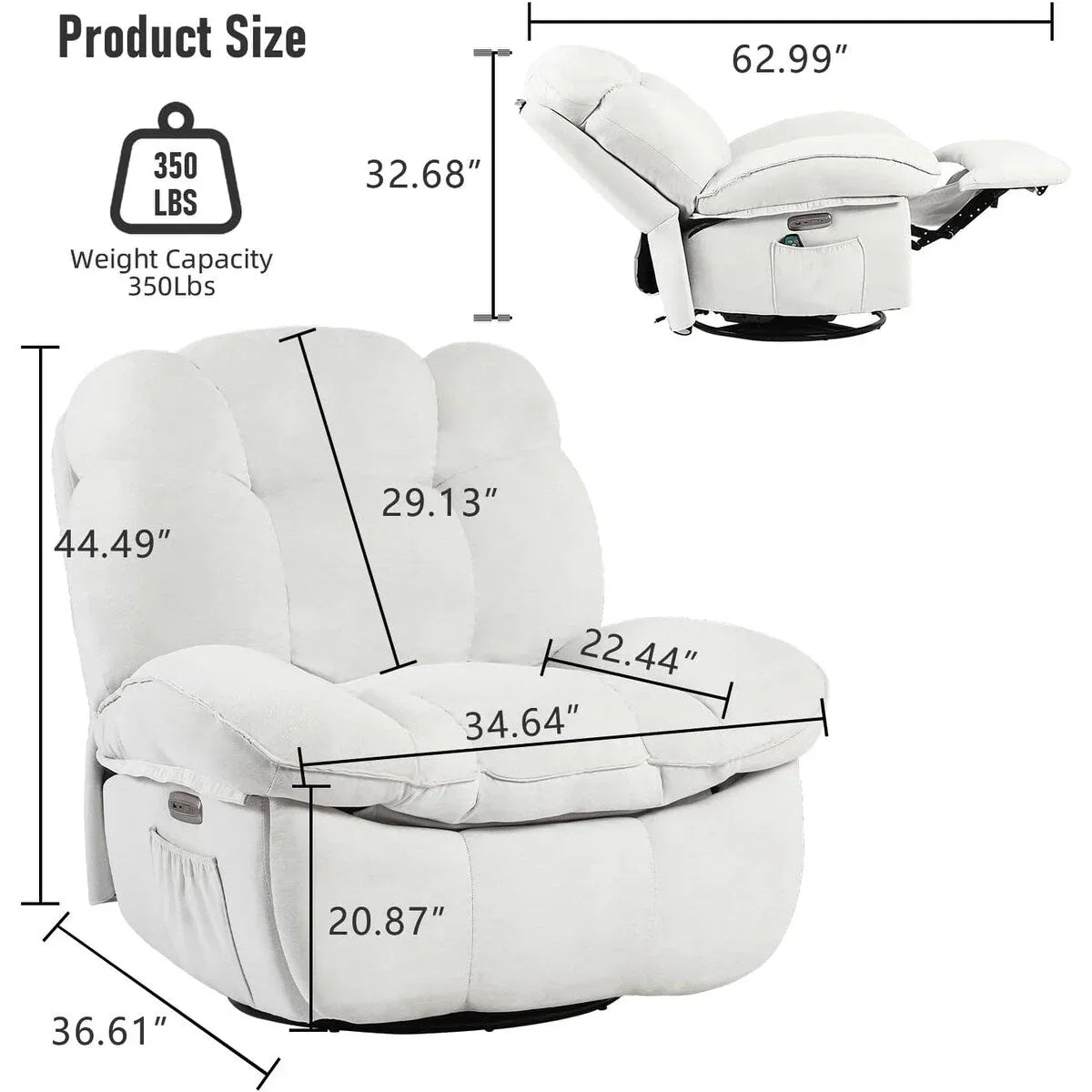 Fauteuil inclinable pivotant XINMICS, Fauteuils inclinables à bascule de massage avec fonction chauffante, ports USB, USB-C et pochette latérale