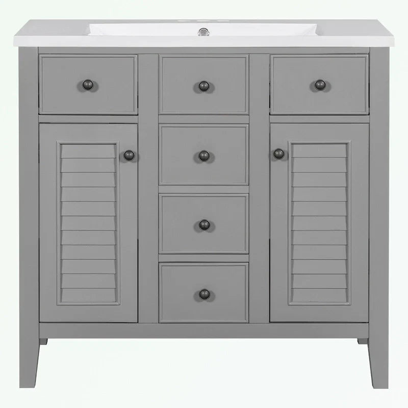Meuble-lavabo avec vasque en céramique, deux placards et cinq tiroirs