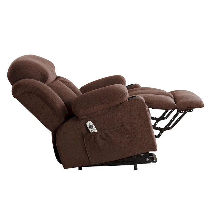 Fauteuil inclinable électrique gris avec massage chauffant, chargement USB, télécommande et poches latérales pratiques pour les personnes âgées