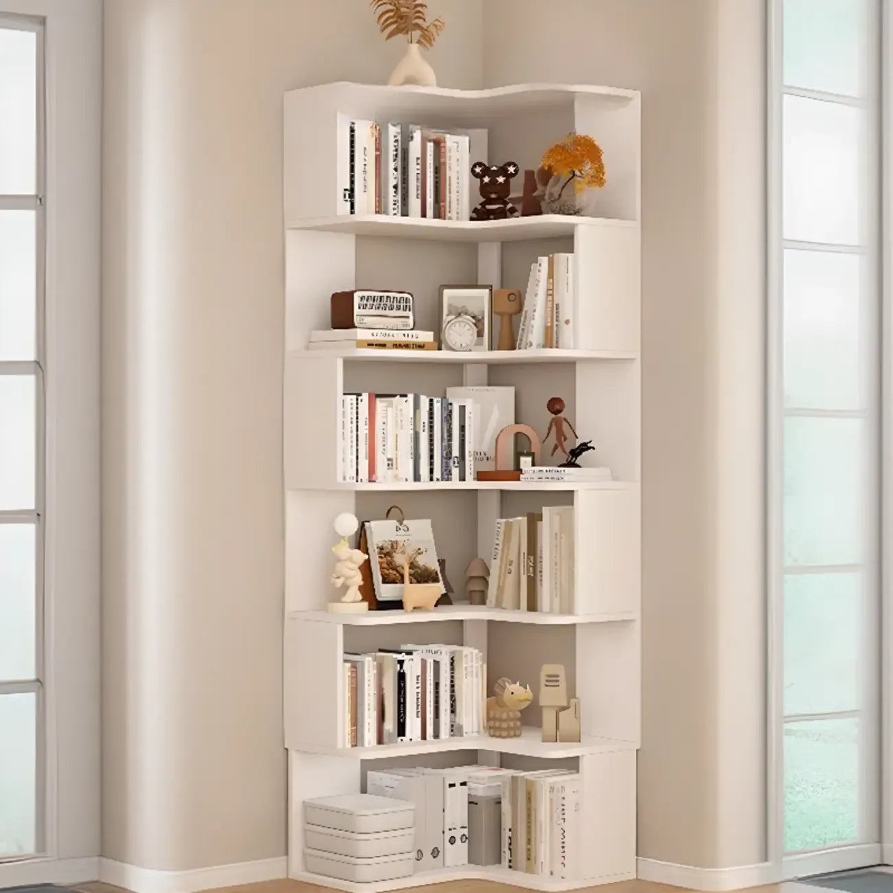 Étagère d'angle en bois manufacturé à 6 tablettes