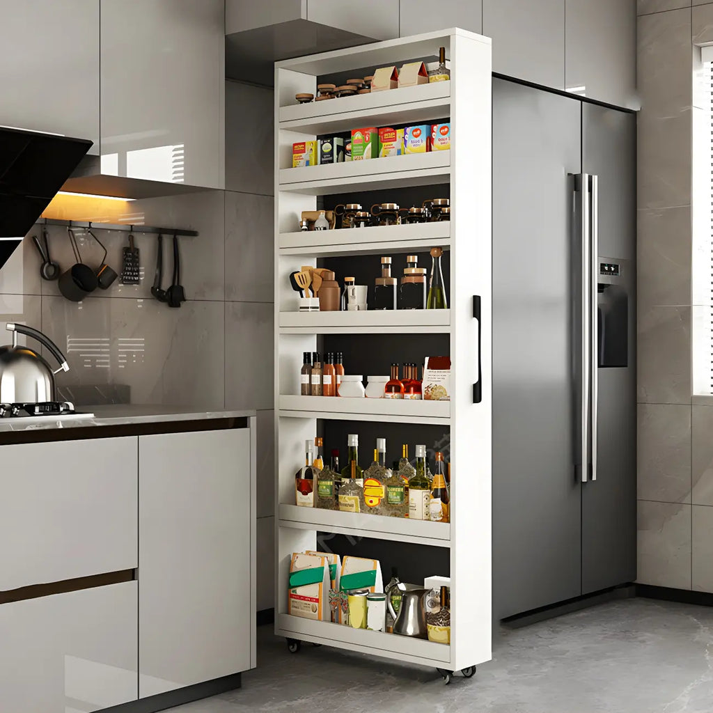 Buffet en bois moderne avec étagères ouvertes et roulettes