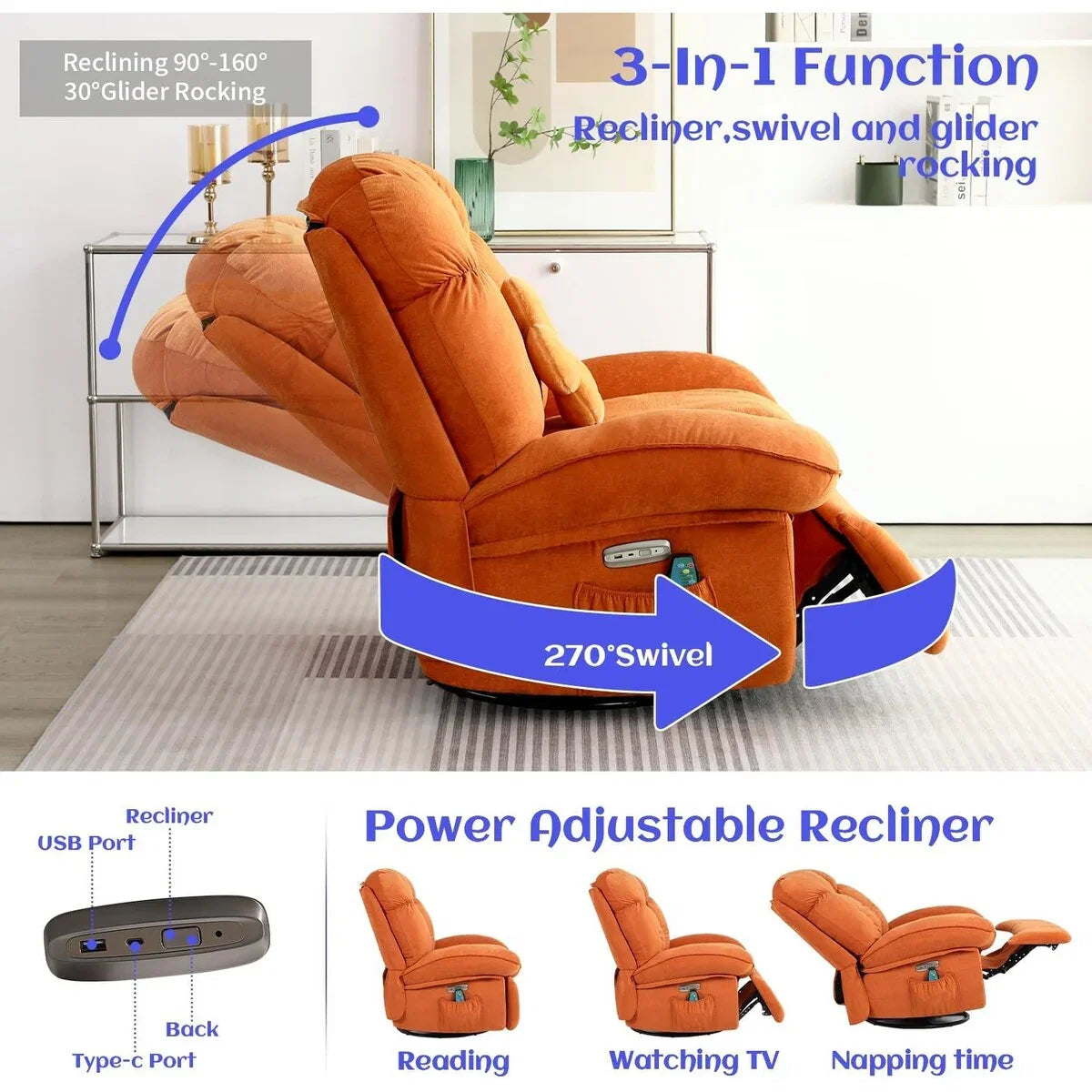 Fauteuil inclinable pivotant XINMICS, Fauteuils inclinables à bascule de massage avec fonction chauffante, ports USB, USB-C et pochette latérale