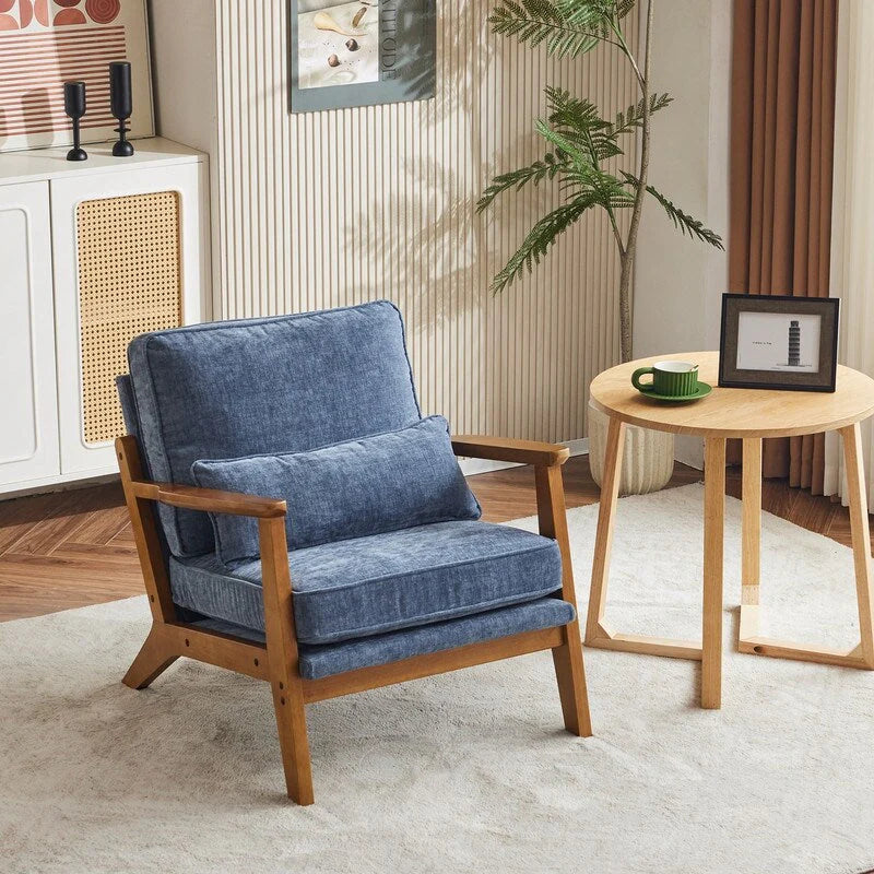 Fauteuil d'appoint rembourré en mélange de lin avec pieds en bois et un oreiller beige