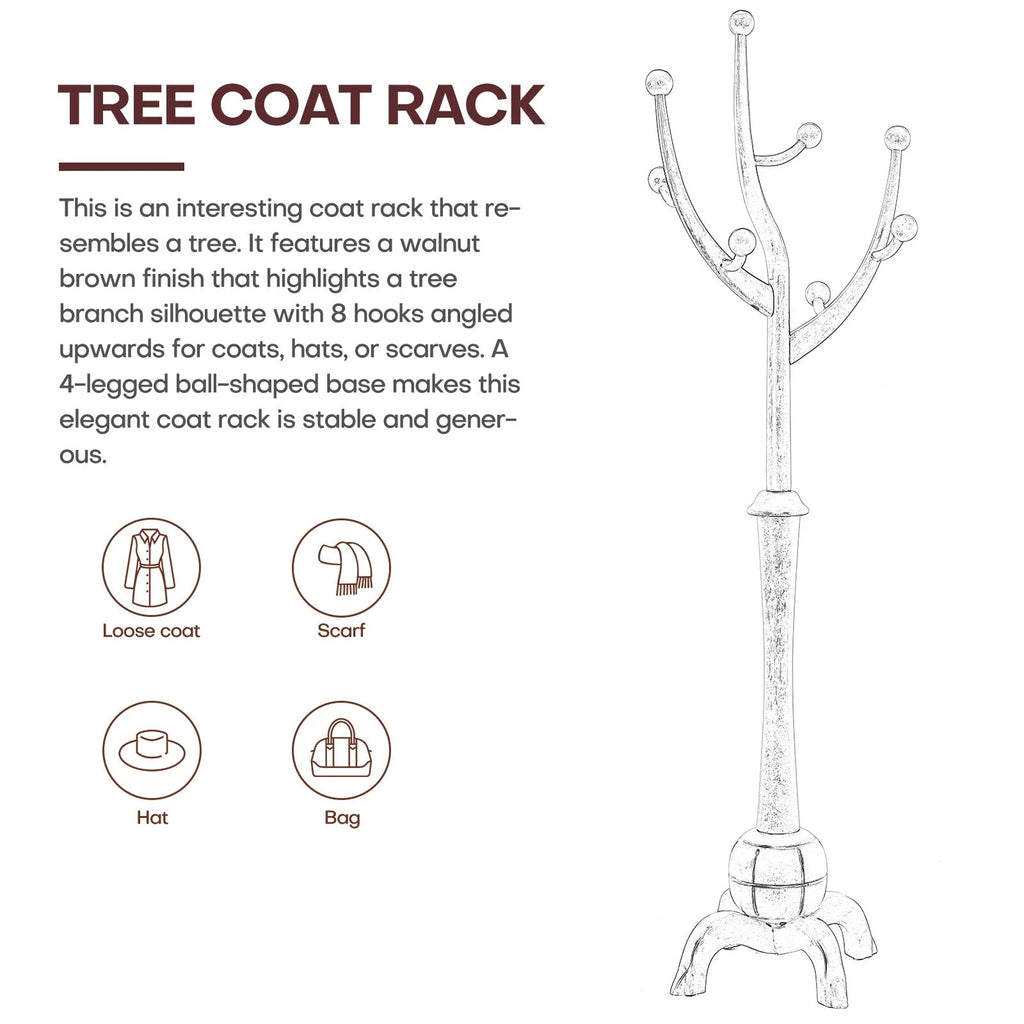 Porte-manteau sur pied en bois d'hévéa à motif de branches d'arbre avec 8 crochets - 24,5 l x 70,87 h