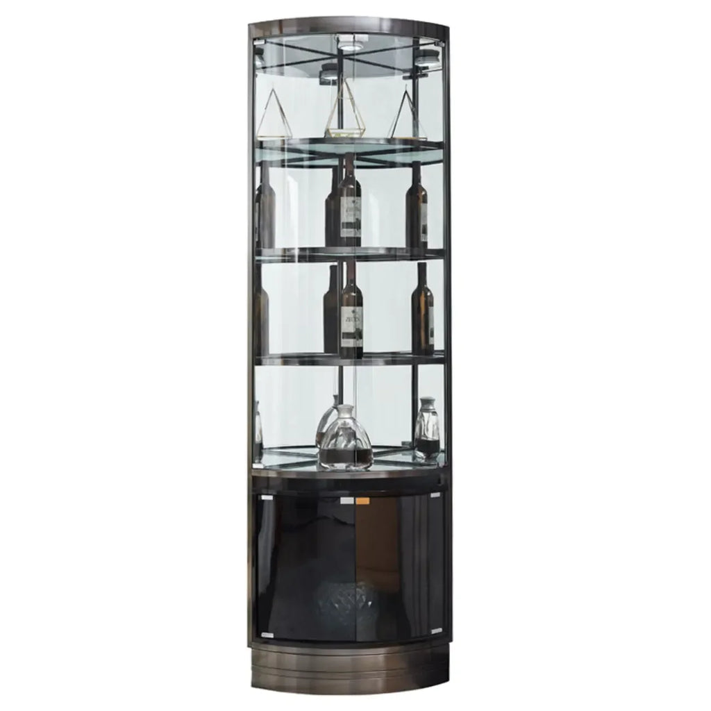 Meuble d'angle à vin avec étagères en verre et métal à plusieurs niveaux