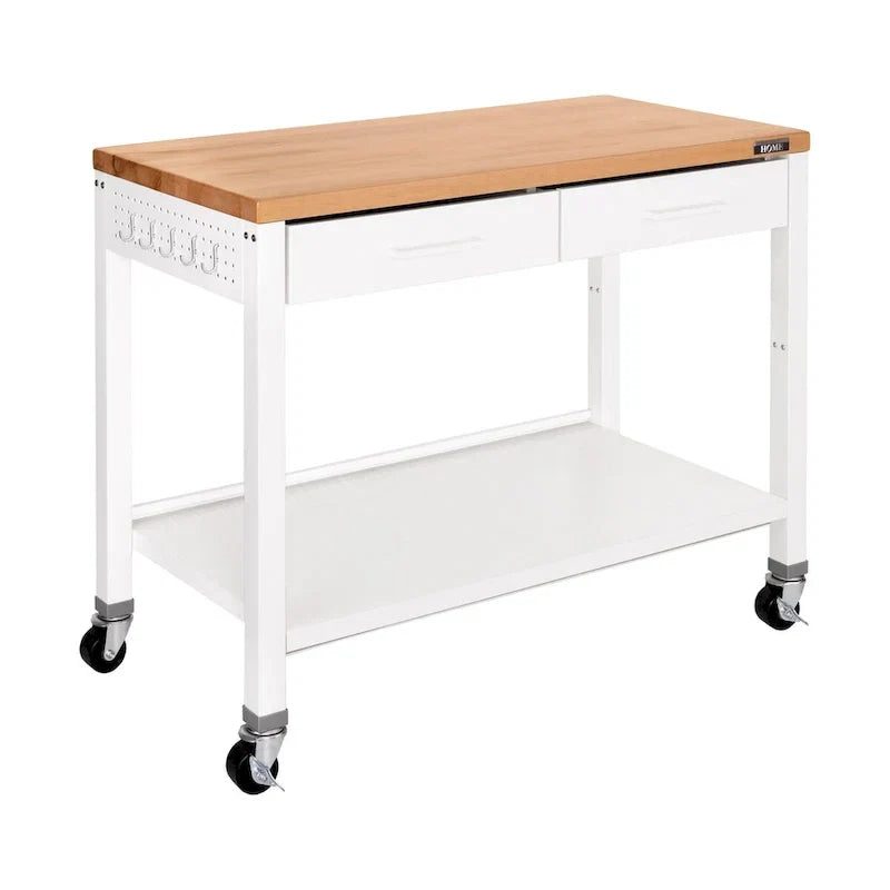 Table îlot central avec plateau en bois massif, 122 x 61 x 91 cm, blanche