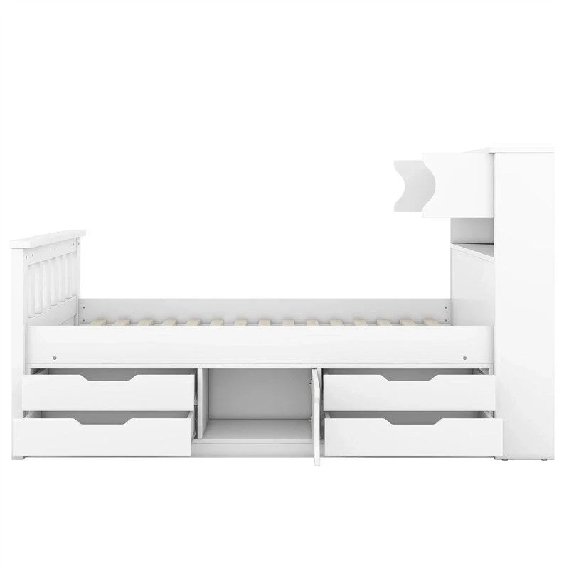 Lit plateforme capitaine double/grand avec 4 tiroirs et étagères de rangement, cadre de lit en bois massif avec tête de lit bibliothèque de rangement