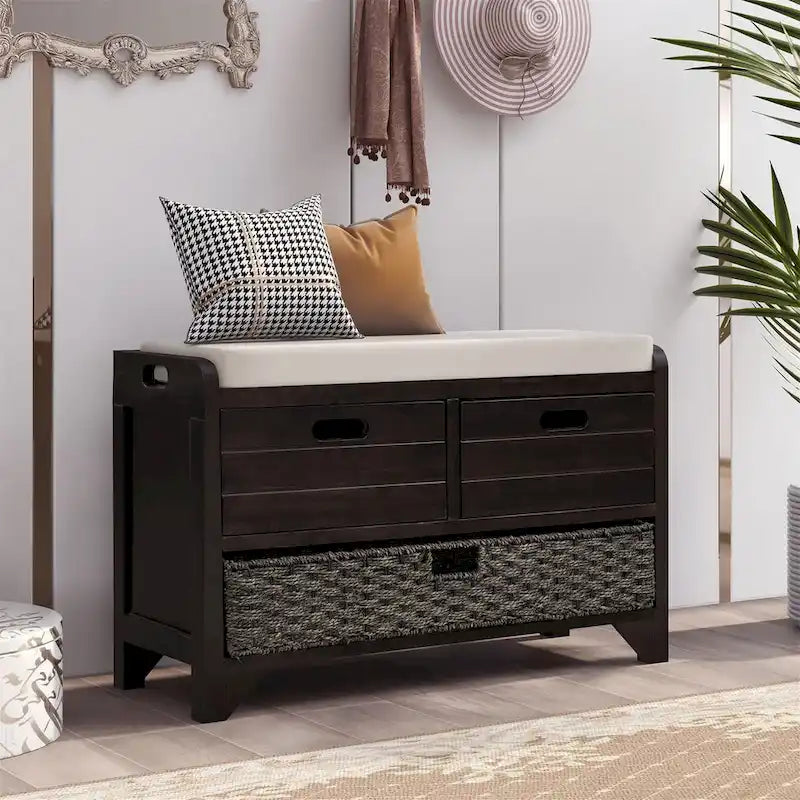 Banc de rangement en bois avec 2 paniers tressés