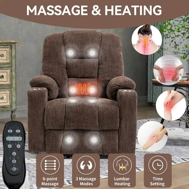 Fauteuil inclinable Power Lift avec massage et chaleur, fauteuils inclinables larges et rembourrés Lazy Boy avec ports USB, Type C et 2 porte-gobelets en acier