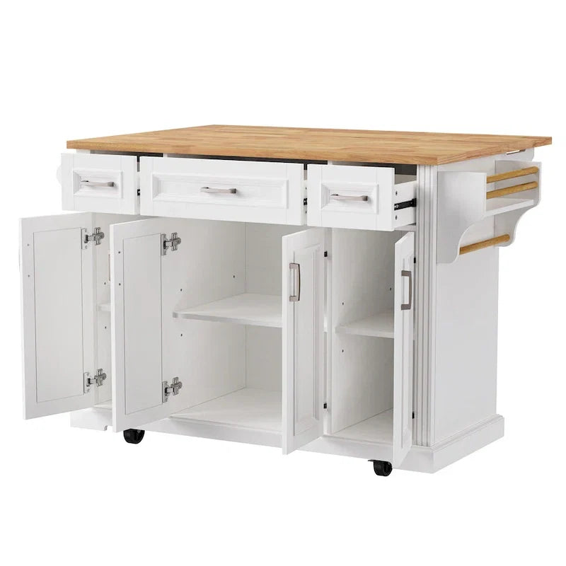 Grand îlot de cuisine avec rabat en bois, desserte de cuisine roulante texturée en relief avec portes et tiroirs avec rangement pour la cuisine, blanc