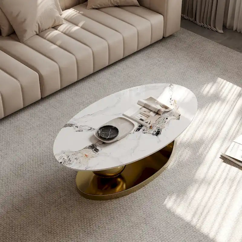 Table basse ovale moderne Pandora 51 avec plateau en pierre frittée brillante, table basse de luxe, pieds en acier inoxydable pour salon
