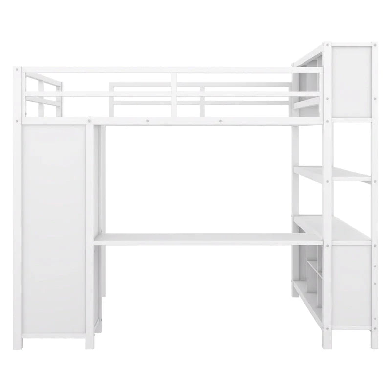 Lit mezzanine en métal blanc cassé avec bureau et armoire - Grand lit