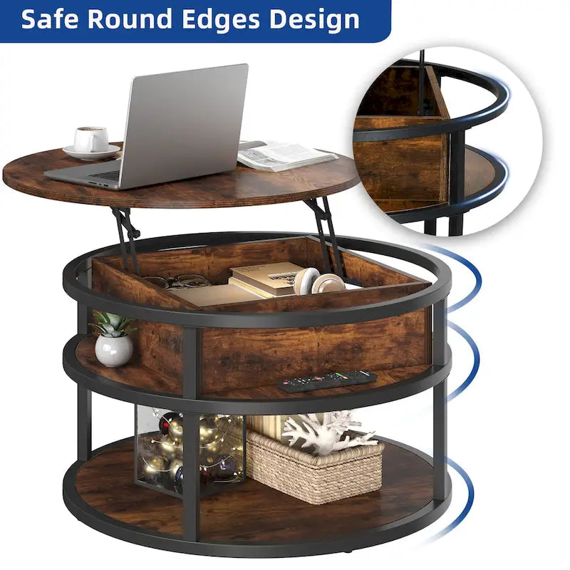 Table basse ronde relevable Moasis Farmhouse avec rangement dissimulé et étagère