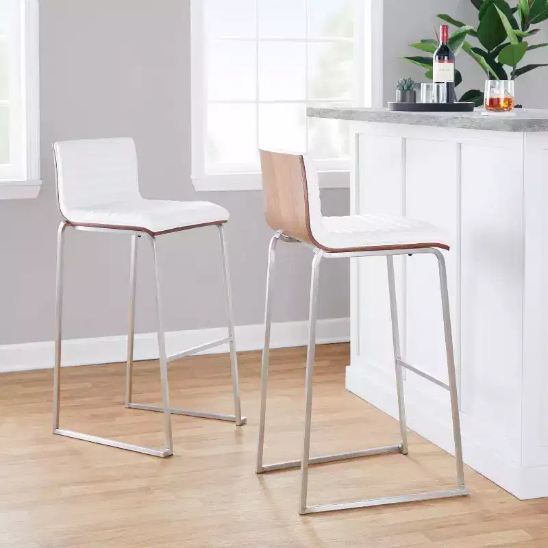 Lot de 2 tabourets de bar 76 cm en acier inoxydable, noyer et cuir PU