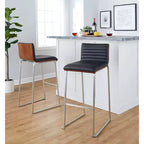 Lot de 2 tabourets de bar 76 cm en acier inoxydable, noyer et cuir PU