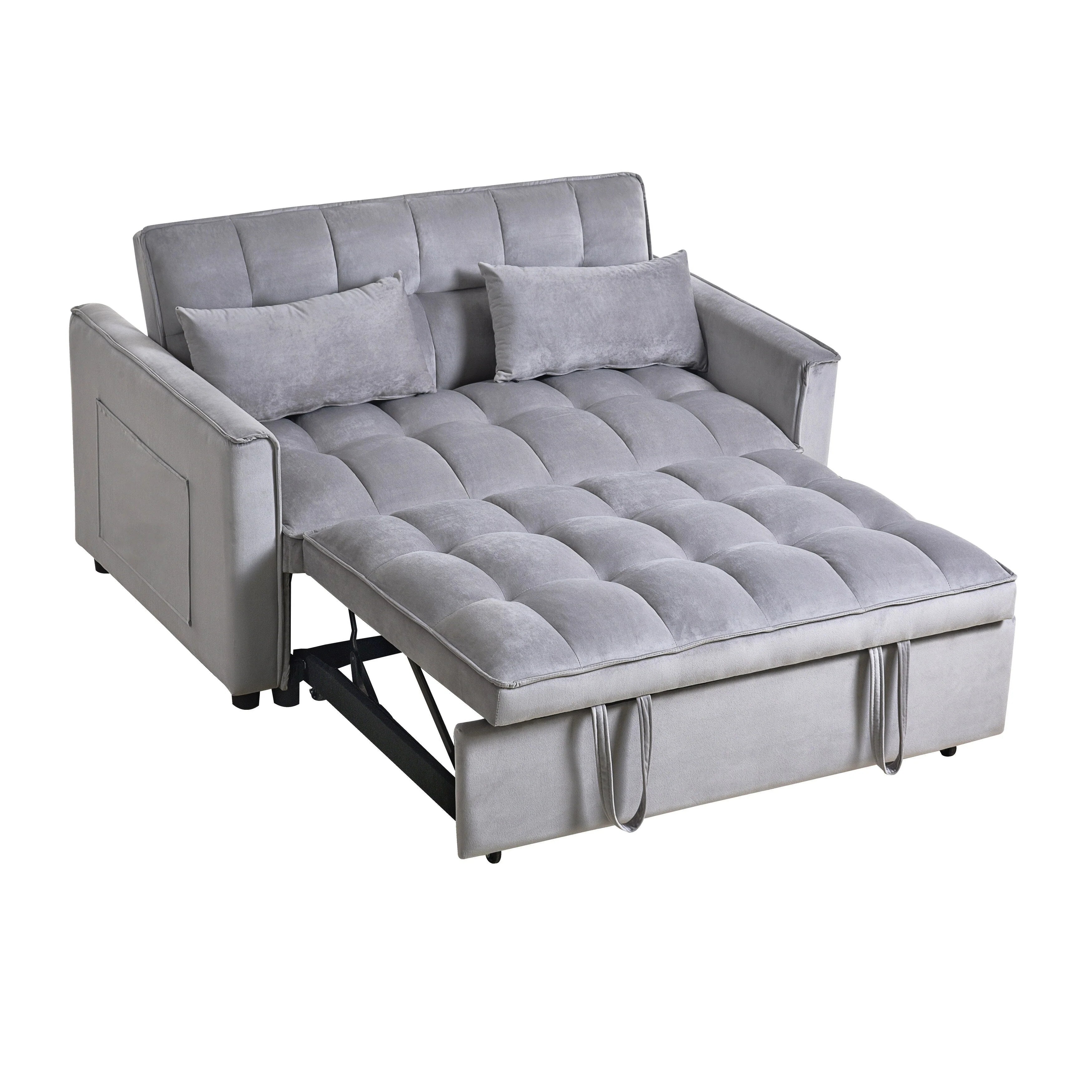 Canapé-lit moderne convertible, canapé-lit 3-en-1 avec dossier réglable, causeuse en velours, oreillers et poches latérales